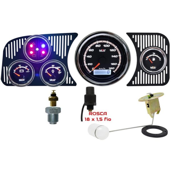 Painel Fusca - Velocímetro 180km/h / Ind. Combustível e Boia de Braço / Temperatura / Voltímetro / Sinaleira - Extreme Cromado Preto | MaxCronometer