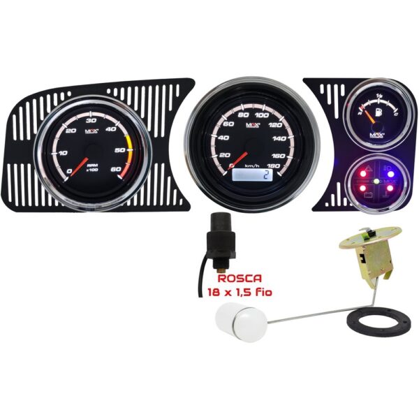 Painel Fusca - Velocímetro 180km/h / Ind. Combustível e Boia de Braço / Sinaleira / Contagiro RPM - Extreme Cromado/Preto | MaxCronometer
